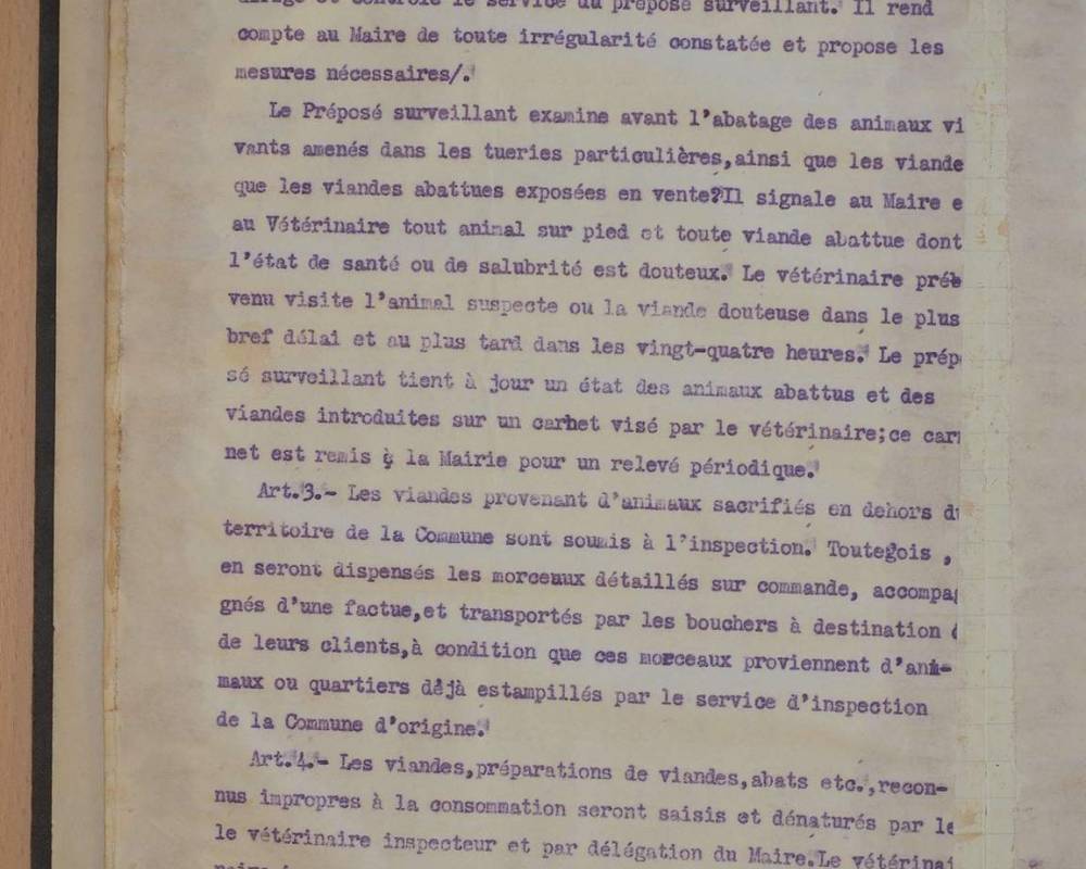 Inspection permanente des tueries particulières des animaux amenés et des viandes destinées à la consommation publique